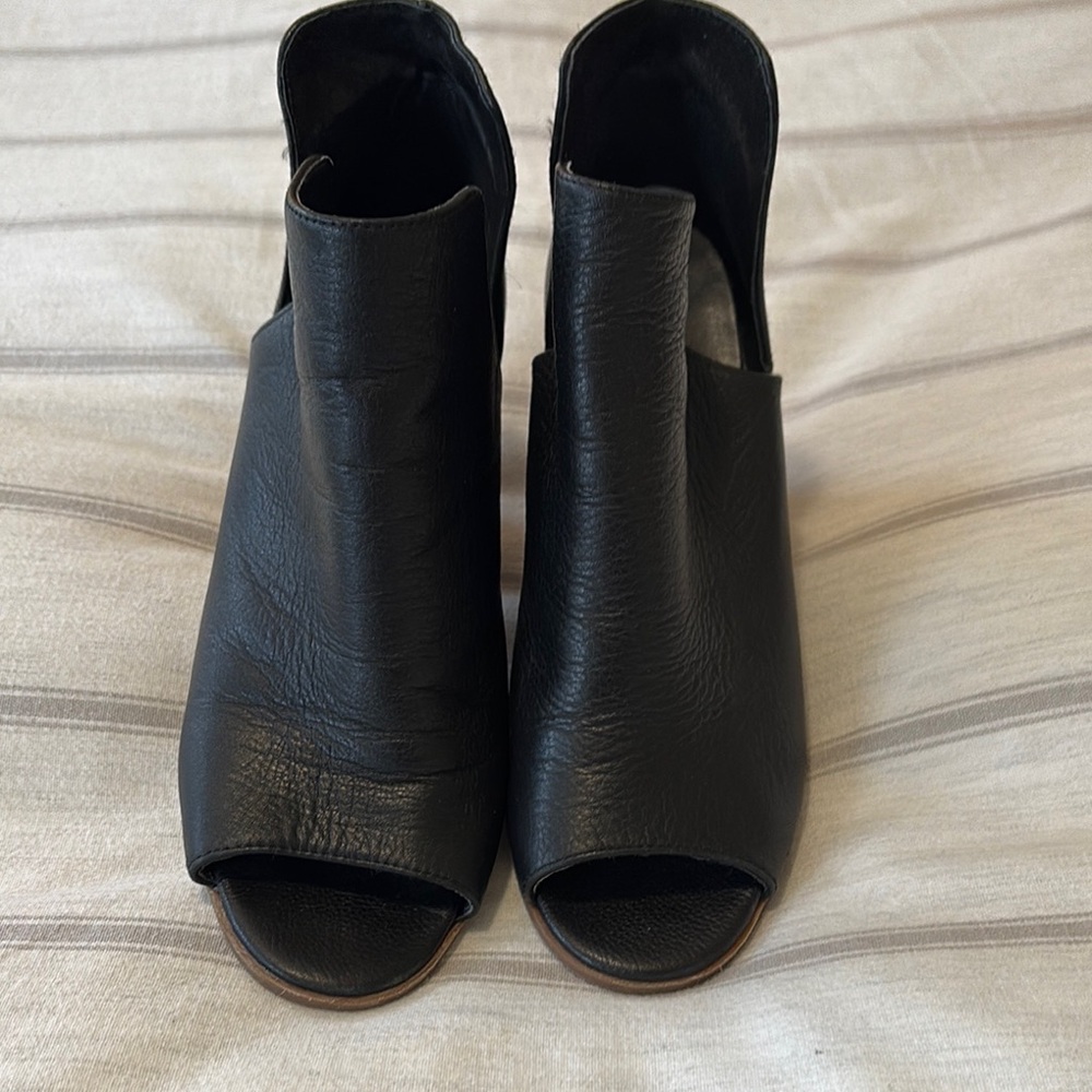 Black Textured Leather Booties with Peep-Toe Design